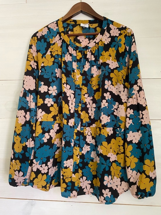 CAbi Tops - CAbi Floral Button-Front Blouse in Mustard, Teal & Blush Women’s Large